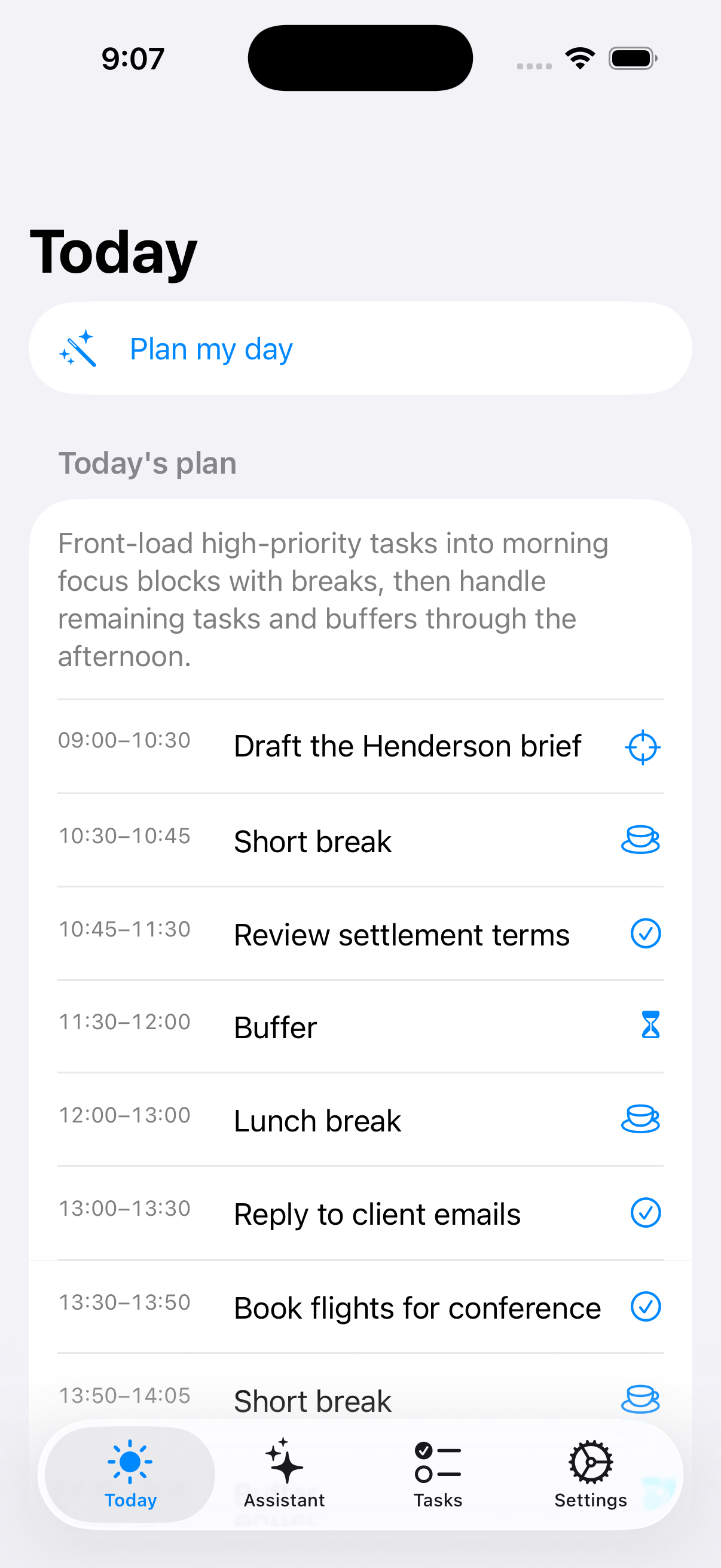 Maili dashboard showing today's auto-planned schedule